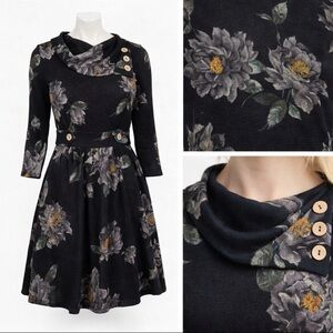 ModCloth Black Floral Fit & Flare Dress Cowl Neck Size S